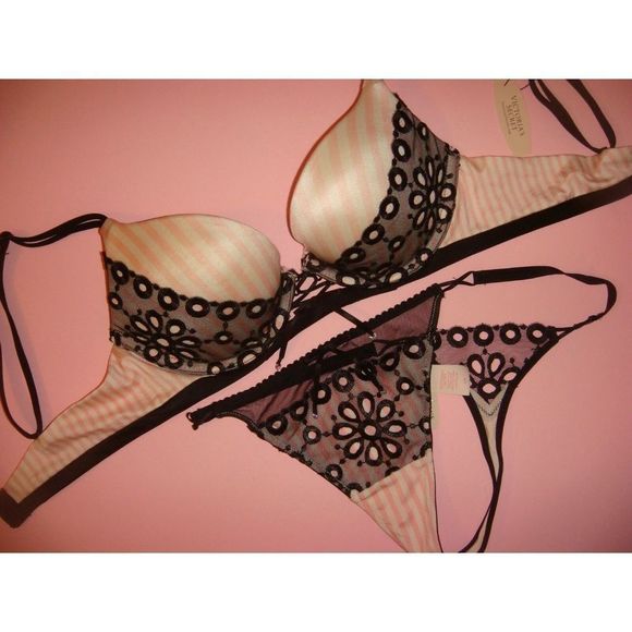 Victoria's Secret 32B,34C BRA SET+PJ SHIRT Pink Black EYELET embroidered STRIPED - Picture 2 of 8